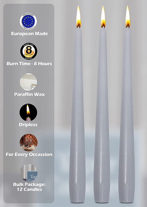 Hyoola Tall Taper Candles - 10 Inch Silver Grey Unscented Dripless Taper Candles - 8 Hour Burn Time - 12 Pack