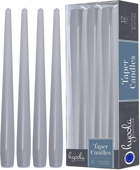 Hyoola Tall Taper Candles - 10 Inch Silver Grey Unscented Dripless Taper Candles - 8 Hour Burn Time - 12 Pack