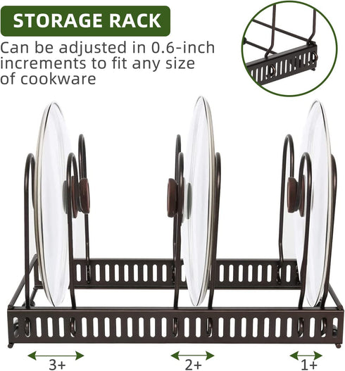 Expandable Pot and Pan Organizer Rack, Pans Pots Lid Organizer Rack Holder for Kitchen Counter Cabinet Pantry Bakeware Organizer Rack Holder with 7 Adjustable Compartments (BRONZE, 7)