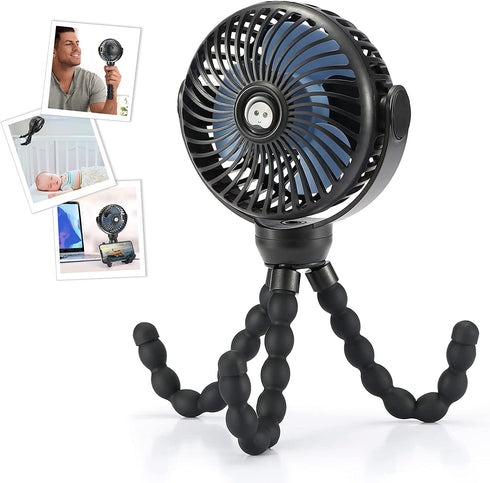 Snawowo Upgraded 4000mAh Baby Stroller Fan, 360°Rotation Mini Portable Fan with Flexible Tripod Clip On Stroller Treadmill Peloton Bike Crib Car Seat, USB or Battery Powered Handheld Personal Fan (Black)
