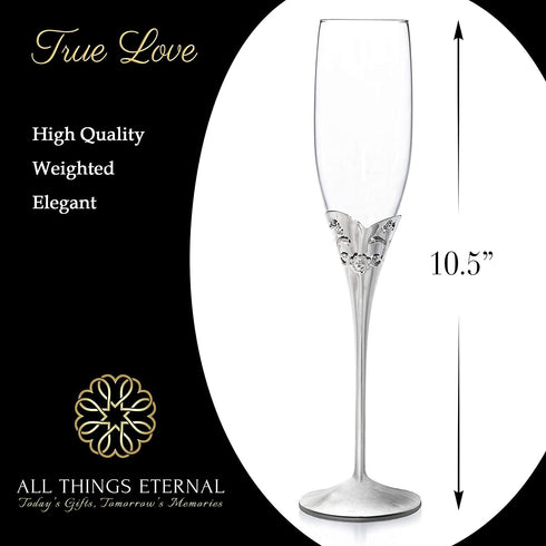 Memories Champagne Flutes, Set of Two Elegant Clear Glass 6.8 fl oz 200ml, silver plated stems, vine leaf design, clear crystals for special celebrations weddings anniversaries birthdays graduations