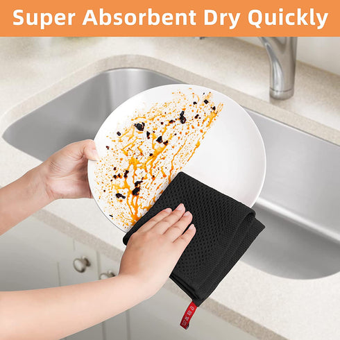 SFTXEY 100% Cotton Kitchen Dish Cloths, 10-Pack Waffle Weave Dish Towels, Ultra Soft Absorbent Quick Drying for Kitchen Towels Set Dish Rags, 12x12 Inches (Dishcloth 12 in x 12 in, Black)