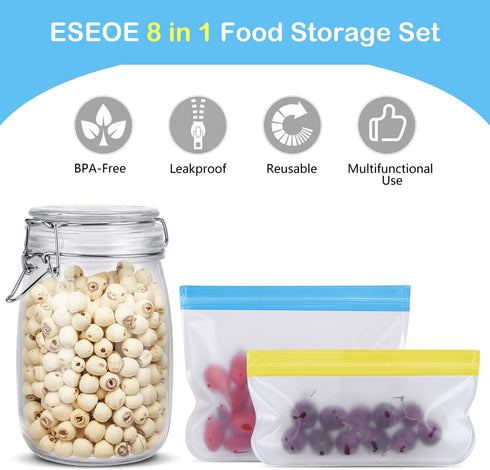 ESEOE Mason Jars - 4 Pack 34 OZ Airtight Hinged Lids Glass Container: Wide Mouth Kitchen Canisters with Label for Spice Canning Jelly Jam Candy Cookie Coffee, 4 Reusable Freezer Food Storage Bags