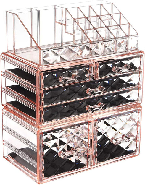 ZHIAI Makeup Organizer Acrylic Cosmetic Storage Drawers and Jewelry Display Box Transparent (Style A(Pink Diamond): 1 Top, 2 Small, 2 Large, 2 Square Drawers)