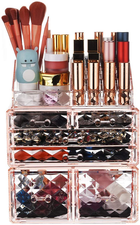 ZHIAI Makeup Organizer Acrylic Cosmetic Storage Drawers and Jewelry Display Box Transparent (Style A(Pink Diamond): 1 Top, 2 Small, 2 Large, 2 Square Drawers)