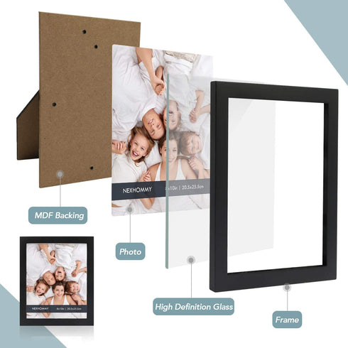 NEXHOMMY 8x10 Picture Frames Set - (2 Pack, Black) Solid Wood Photo Frame With Hanger Hooks For Wall Mount, Kickstand Easel For Table Top And High Definition Glass Display