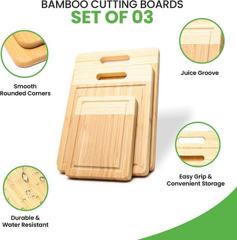 K BASIX Bamboo Cutting Board with Juice Groove 3 Pcs, Organic Wood Cutting Board for Kitchen, Chopping Board for Meat Cutting Board , Wooden Cutting Board for Veggies