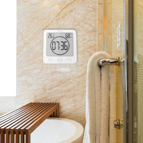Digital Bathroom Shower Wall Clock Timer with Alarm, Waterproof for Water Spray, Touch Screen Timer, Temperature Humidity Display with Suction Cup Hanging Hole (White)