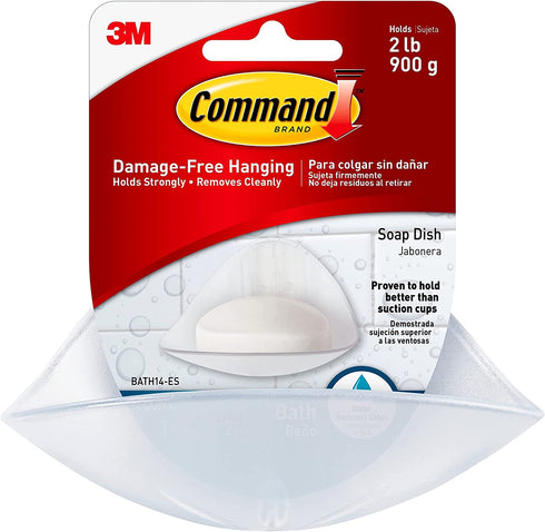 Command Plastic, Holds Bath Soap Water-Resistant Adhesive, 2 lb Capacity, 1 Dish, 2 Strips, BATH14-ES, Clear Frosted