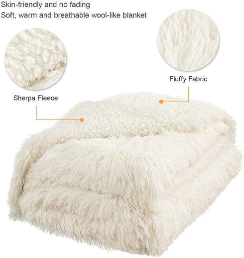 Toneed Soft Fluffy Throw Blanket for Girl Room, Plush Faux Fur Wool Blanket, 60'' x 80'' Furry Sherpa Reversible Fleece Blanket for Sofa, Couch, Bed and Home Decor, Creamy