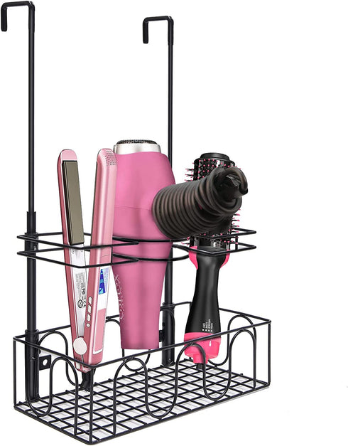 ULIOK Hair Dryer Holder Over Door/Wall Mount Hair Care & Styling Tool Organizer Storage Basket for Flat Irons, Curling Wands, Hair Straighteners, Brushes, 3 Sections Bathroom Organizer Metal Basket