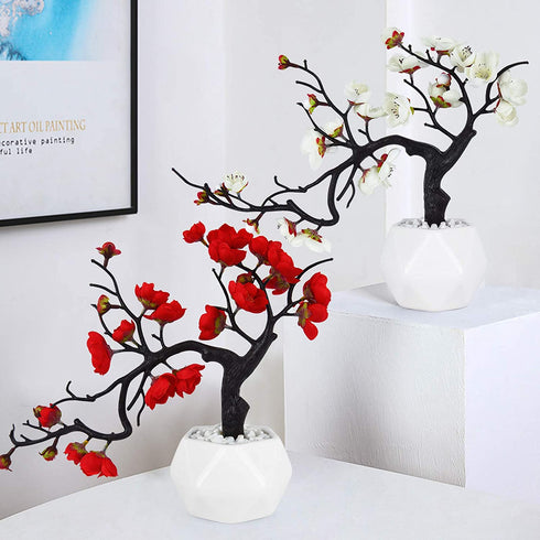 Artflower Plum Blossom Artificial Silk Flowers 2 Pack Simulation Flower with Ceramic Vase Fake Plant Potted Arrangement for Home Wedding Office DIY Living Room Party Garden Decoration (Mix)