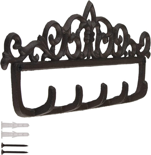 gasare, Key Holder for Wall, Decorative Key Rack, 5 Sturdy Hooks, Cast Iron, Brown, 12½ x 5¼ Inches, Wall Mount Screws and Anchors, 1 Unit