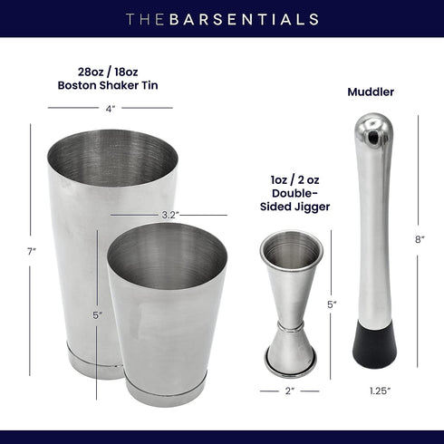 TheBarsentials Boston Shaker Set for Cocktails with 28oz and 18oz Weighted Tins, Professional Muddler and Jigger - Stainless Steel Bar Tools (4pc set)