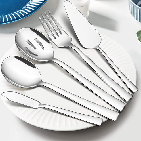 5-Piece Serving Utensils, E-far Stainless Steel Square Edge Hostess Serving Set for Buffet Party Kitchen Restaurant, Mirror Finished & Dishwasher Safe