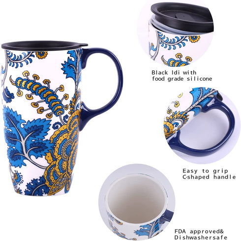 Ceramic Mug with Lid and Handle,17oz. Tall Coffee Cup for Home,Party and Birthday,Blue Flower