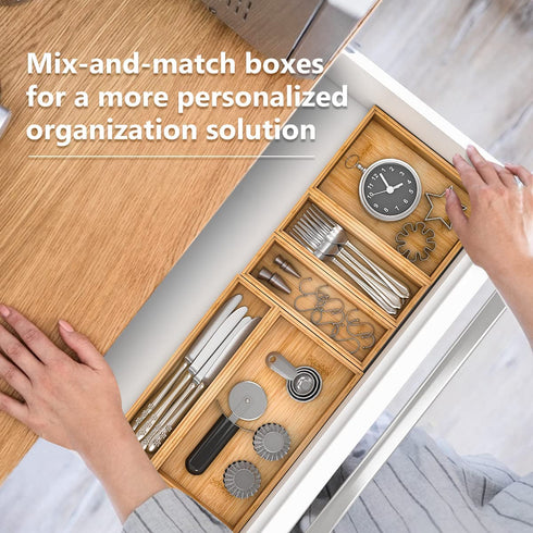 Bamboo Drawer Organizer Storage Box Kitchen - Wood Stackable Tray Set of 2(9x3x2 inch)