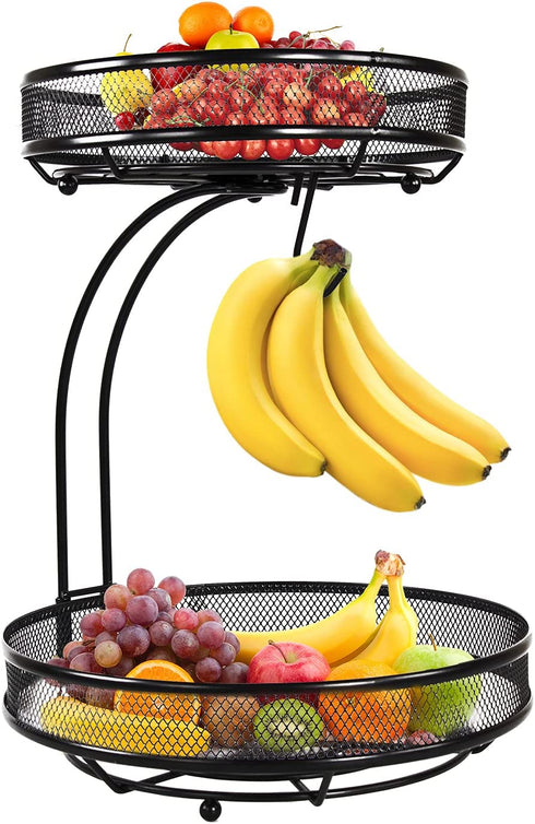 Gbasics Fruit Basket, 2 Tiers Fruit Bowl with Banana Hanger, Detachable Design Kitchen Countertop Organizer for Fruit Vegetable Storage