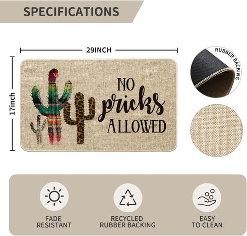 Artoid Mode No Pricks Allowed Cactus Funny Text Doormat, Seasonal Summer Holiday Creative Decorative Welcome Floor Mat Switch Mat for Indoor Outdoor 17 x 29 Inch