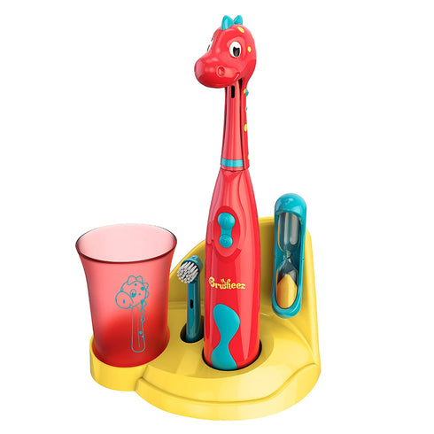 Brusheez® Kid's Electric Toothbrush Set - Soft Bristles, Easy-Press Power Button, Battery Operated, 2 Brush Heads, Animal Cover, Sand Timer, Rinse Cup and Storage Base - Ages 3+ (Pepper The Dino)