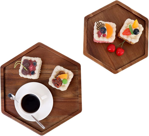 Acacia Wood Hexagon Serving Trays Set of 2 Wooden Platters for Home Decor Coffee Table for Fruit Salad Pizza Cheeses Dessert Plate The Perfect Centerpiece Decoration for Your Dining or Living Room