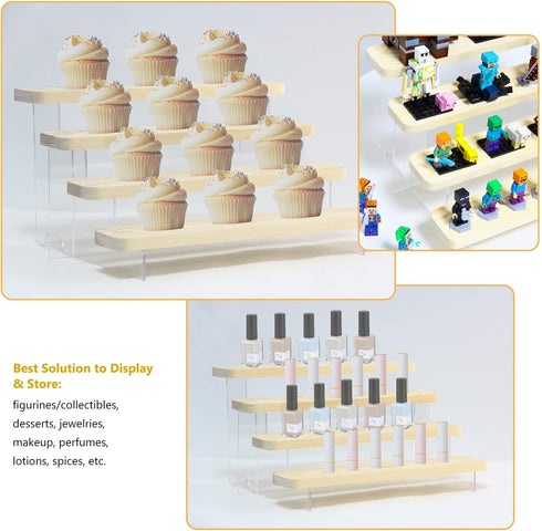 HLZC Figure Display Stand Acrylic Display Riser for Collectibles, Wood Tiered Display Shelf Organizer for Products (B-4Tier-11.8inch)