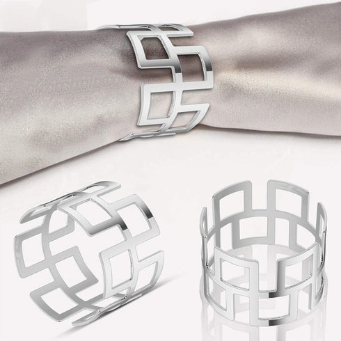 KPOSIYA Napkin Rings Set of 20 Hollow Cut Metal Napkin Holder Dinning Table Setting for Wedding Party Banquet Christmas Dinner Delicate Serviette Buckles Decor Favor (Fang Ge-Silver 20)