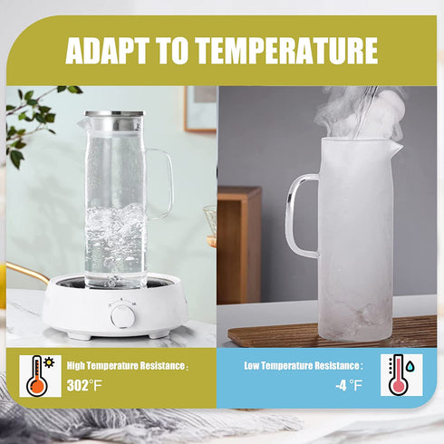 Glass Pitcher with Stainless Steel Lid, ANZUSY 48 Ounces/1.4 Litre Water Carafe with Handle Coffee Glass Jug for Iced Tea, Hot/Cold Water, Coffee, Juice, Milk, Lemonade & Cold Brew