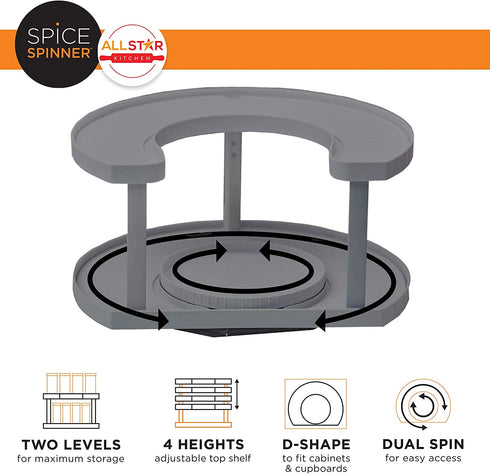 Spice Spinner Two-Tiered Spice Organizer & Holder That Saves Space, Keeps Everything Neat, Organized & Within Reach With Dual Spin Turntables- Grey