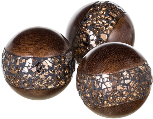 Schonwerk Walnut Decorative Orbs for Bowls and Vases (Set of 3) Resin Sphere Balls for Living, Dining Room, Coffee Table Centerpiece Home Decor - Great Gift Idea (Crackled Mosaic)