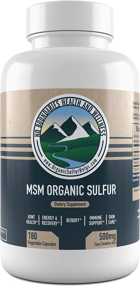 500mg MSM Organic Sulfur Capsules by No Boundaries Health and Wellness – 180 Vegetable Capsules: No Excipients or Fillers – Premium Health Supplement: 99.9% Pure MSM Powder – Joints, Skin, Hair, Nail