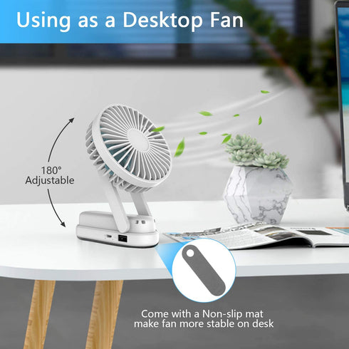 WOWGO Portable Handheld Fan - Mini Personal Fan 180° Rotating Adjustment, USB Rechargeable 2500mAh 3 Speed Hanging Personal Fan with USB output port for Home Office Indoor Use Outdoor Travel (white)