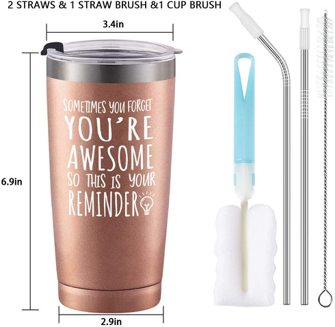 Thank You Gifts for Women, You're Awesome Travel Tumbler, Graduation Appreciation Birthday Gift for Her Teacher Friend Mom Wife, Insulated Stainless Steel Travel Tumbler with 2 Lids(20 oz, Rose Gold)
