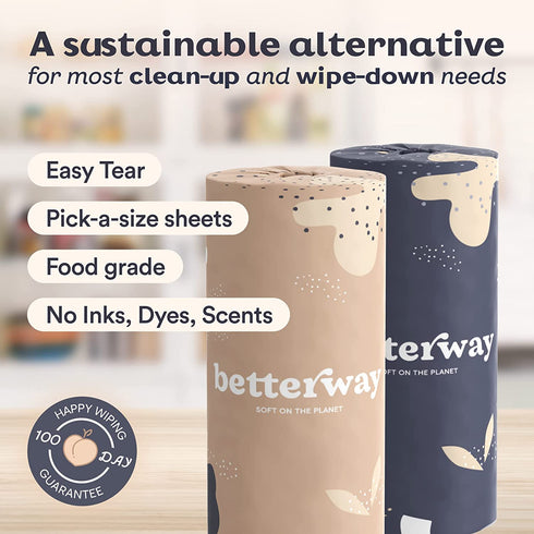 Betterway Bamboo Paper Towels - 6 Rolls, 2 Ply - Plastic Free, Disposable Kitchen Paper Towels - Select Size, Tree Free, Compostable, Strong & Absorbent - Sustainable Product w/ Eco Friendly Packaging
