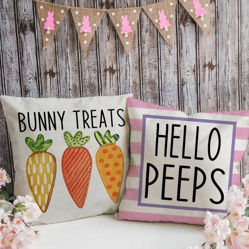 Easter Pillow Covers 18x18 Set of 4 Easter Decorations for Home Bunny Treats Hello Peeps Pink Stripes Pillows Easter Decorative Throw Pillows Spring Easter Farmhouse Decor A474-18