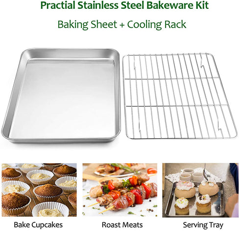 Baking Sheet with Rack Set, E-far Pure Stainless Steel Cookie Sheet Baking Tray Pan with Wire Rack, 12.5 x 10 x 1 inch, Non Toxic & Healthy, Anti Rust & Mirror Finish - Dishwasher Safe