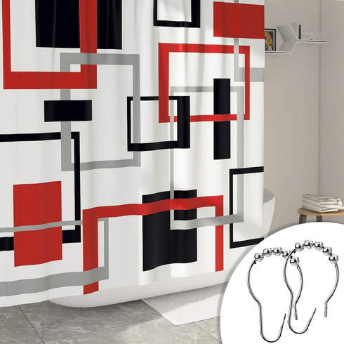DESIHOM Red Geometric Shower Curtain with 12 Rust-Resistant Metal Glide Shower Hooks, Black/Red Modern Shower Curtain Polyester Fabric-72" x 72"
