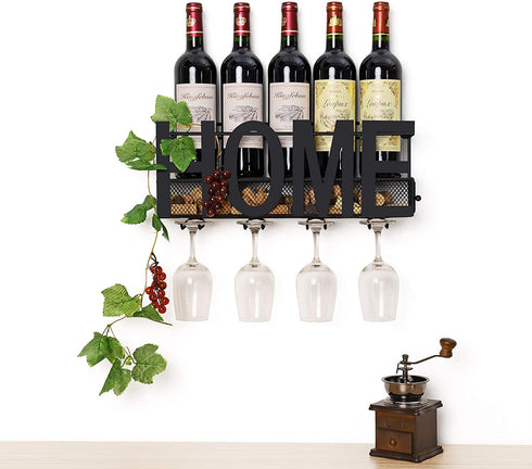 Wall Mounted Metal Wine Rack 4 Long Stem Glass Holder & Wine Cork Storage by Soduku