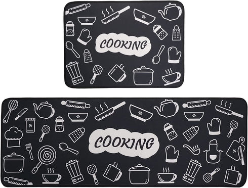 Fuoxowk Cooking Theme Kitchen Mat and Rug Set-Kitchen Rugs and Mats Non Skid Washable,Floor Cushion Waterproof Rug,Rubber Backed Area Rugs for Kitchen Sink,Laundry Room,Indoor Floor,Black&White