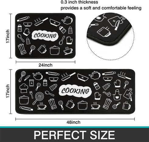 Fuoxowk Cooking Theme Kitchen Mat and Rug Set-Kitchen Rugs and Mats Non Skid Washable,Floor Cushion Waterproof Rug,Rubber Backed Area Rugs for Kitchen Sink,Laundry Room,Indoor Floor,Black&White