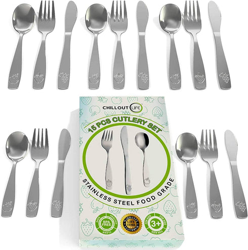 15 Piece Stainless Steel Kids Silverware Set - Child and Toddler Safe Flatware - Kids Utensil Set - Metal Kids Cutlery Set Includes 5 Small Kids Spoons, 5 Forks & 5 Knives