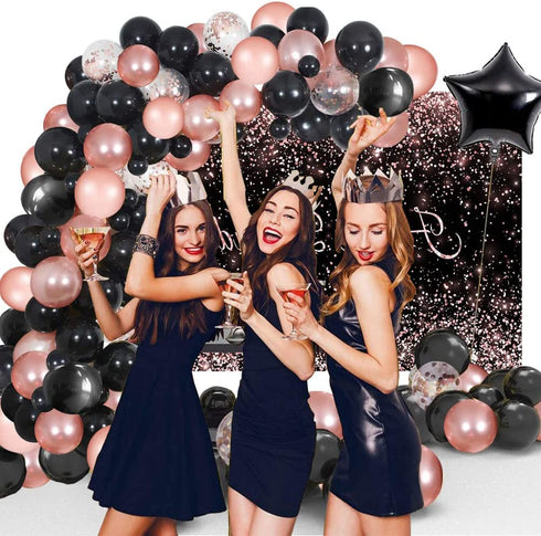 Toylin Rose Gold Black Birthday Decorations, Black Rose Gold Birthday Photography Backdrop Banner for Boys Girls Men Women Birthday Party Decorations Supplies