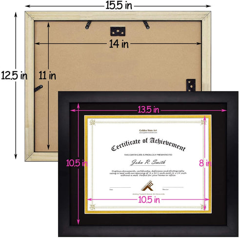 Golden State Art, 11x14 Document Photo Wood Frame for 8.5x11 Document & Certificates, Real Glass (Black with Black Over Gold Double Mat, Set of 1)