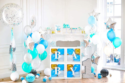 Baby Clear Boxes 4 pcs 12" by Serene Selection, 40 Balloons Included, for Boy or Girl BabyShower, Gender Reveal Party Supplies, Blocks with Letters for Baby Shower, Backdrop Block Party Decorations