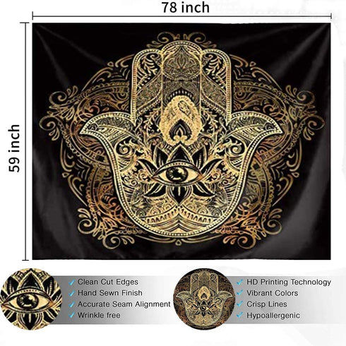 QCWN Spiritual Tapestry,Psychedelic Trippy Tapestry Black Gold Hamsa Hand Tapestry Mandala Medallion Bohemian Tapestry Evil Eye Hamsa Hand Blessing Home Good Luck Wall Tapestry for Bedroom Aesthetic
