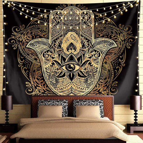 QCWN Spiritual Tapestry,Psychedelic Trippy Tapestry Black Gold Hamsa Hand Tapestry Mandala Medallion Bohemian Tapestry Evil Eye Hamsa Hand Blessing Home Good Luck Wall Tapestry for Bedroom Aesthetic