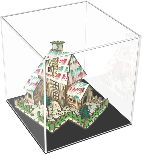 Cliselda Clear Acrylic Display Case with Black Base, Countertop Box Cube Organizer Stand Riser Dustproof Protection Showcase for Action Figures Toys Collectibles (4x4x4 Inch)