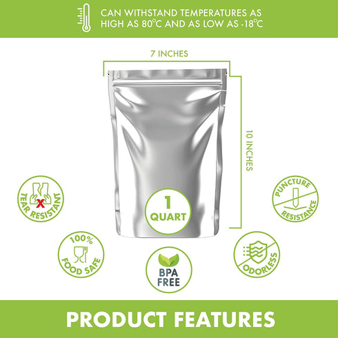 Samoish 1 Quart 50 Mylar bags for Food Storage with oxygen absorbers- 7"x10" Extra thick 7 Mil Mylar Bag Protecting Your Food from Insects, light, and moisture