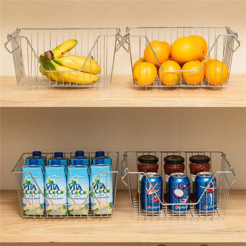 SANNO Stacking Basket Bin Pantry Freezer Storage Baskets Cabinet Organizer - Large Steel Metal Wire - Fruit, Vegetable, Onion, Potato, Cans - Kitchen 2 pack