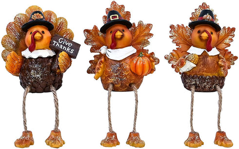 ALLADINBOX Thanksgiving Turkey Tabletop Centerpieces 3 Pcs Resin Pilgrim Turkey Figurines Thanksgiving Decorative Shelf Sitters with Dangling Legs, Harvest Fall Decor Home Kitchen Autumn Displays